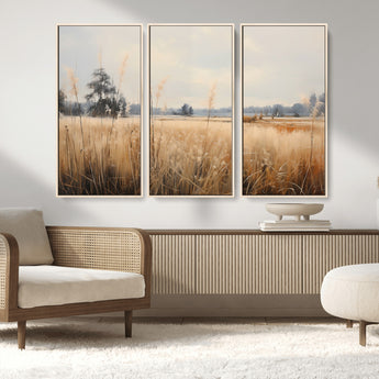 38193-MGV-FC-48X32-3P_Natural-Golden Meadow Wall Art – Serene Grassland Landscape Canvas Print, Rustic Nature Decor for Bedroom, Living Room or Farmhouse