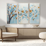 59455-MGV-FC-48X32-3P_Natural-Butterfly Tree Branch Wall Art – Blue and Yellow Abstract Canvas Print, Modern Nature Artwork for Living Room, Bedroom or Office