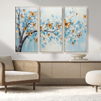 59455-MGV-FC-48X32-3P_Natural-Butterfly Tree Branch Wall Art – Blue and Yellow Abstract Canvas Print, Modern Nature Artwork for Living Room, Bedroom or Office