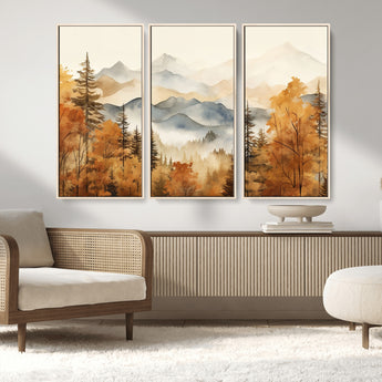 72950-MGV-FC-48X32-3P_Natural-Autumn Mountain Forest Wall Art – Golden Fall Landscape Canvas Print, Nature-Inspired Home Decor for Living Room, Bedroom or