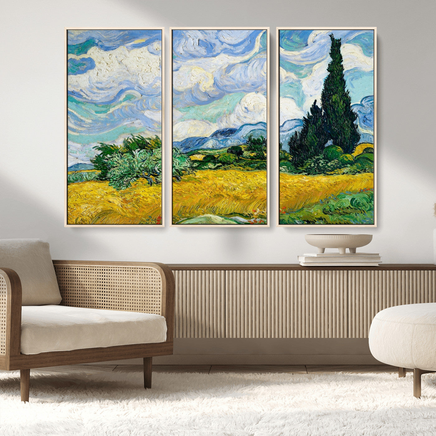 97252-MGV-FC-48X32-3P_Natural-Wheat Field with Cypress – Van Gogh Wall Art, Impressionist Landscape Canvas Print, Rustic Home Decor for Living Room or Office