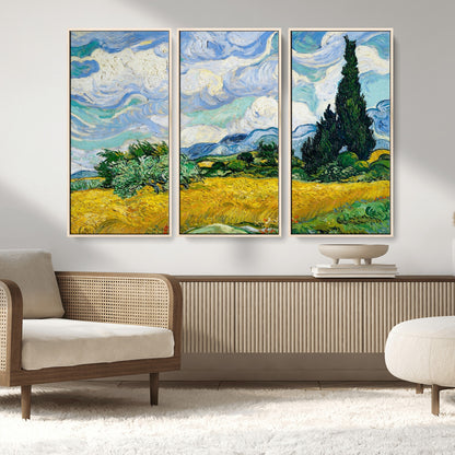 97252-MGV-FC-48X32-3P_Natural-Wheat Field with Cypress – Van Gogh Wall Art, Impressionist Landscape Canvas Print, Rustic Home Decor for Living Room or Office