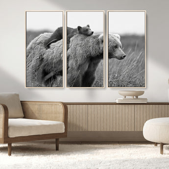 76338-MGV-CV-36X24-Mother Bear and Cub Wall Art – Black and White Wildlife Canvas Print, Rustic Nature Photography for Cabin, Living Room or Office