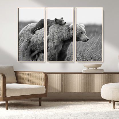76338-MGV-CV-36X24-Mother Bear and Cub Wall Art – Black and White Wildlife Canvas Print, Rustic Nature Photography for Cabin, Living Room or Office