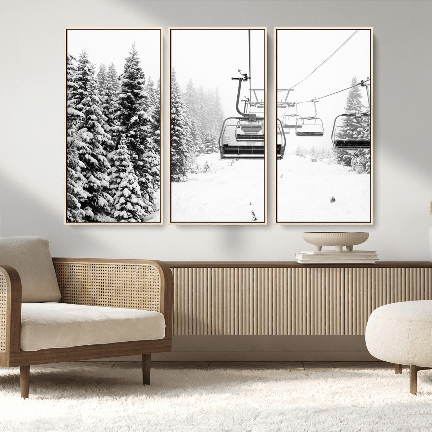 70609-MGV-FC-48X32-3P_Natural-Snowy Ski Lift Wall Art – Black and White Winter Mountain Landscape Canvas Print, Rustic Lodge Decor for Cabin, Living Room or