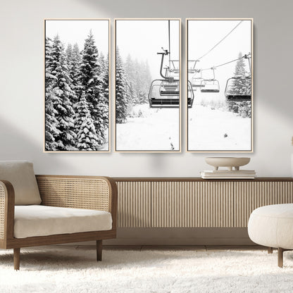 70609-MGV-FC-48X32-3P_Natural-Snowy Ski Lift Wall Art – Black and White Winter Mountain Landscape Canvas Print, Rustic Lodge Decor for Cabin, Living Room or