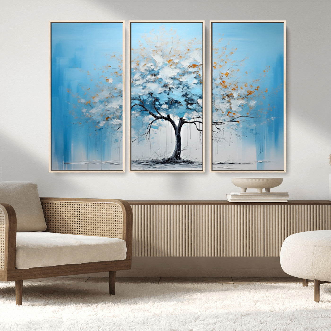 25021-MGV-FC-48X32-3P_Natural-Abstract Tree Wall Art – Blue and White Canvas Painting with Gold Accents, Modern Nature-Inspired Artwork for Living Room, Bedroom