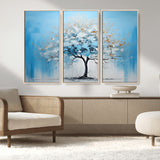 25021-MGV-FC-48X32-3P_Natural-Abstract Tree Wall Art – Blue and White Canvas Painting with Gold Accents, Modern Nature-Inspired Artwork for Living Room, Bedroom