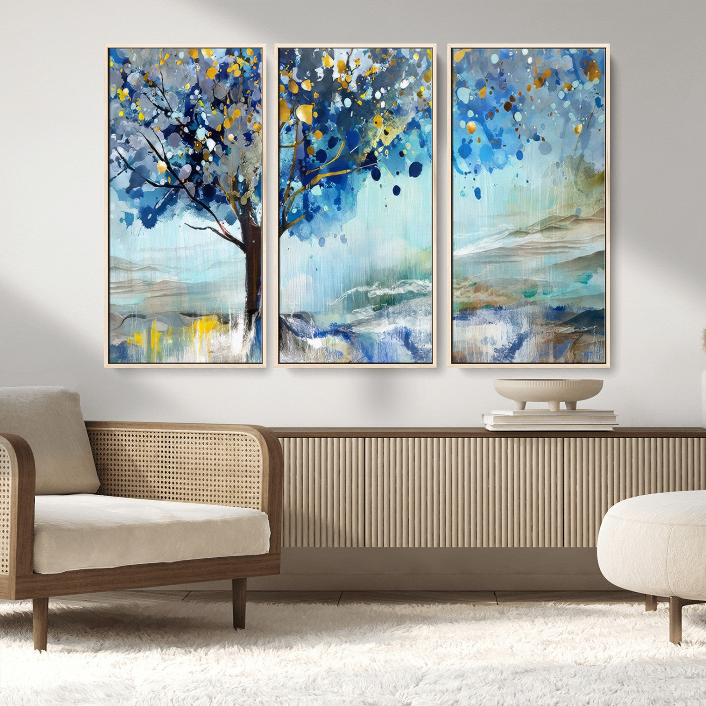 17018-MGV-FC-48X32-3P_Natural-Abstract Blue Tree Wall Art – Colorful Canvas Painting with Gold and Silver Accents, Modern Nature Artwork for Living Room,