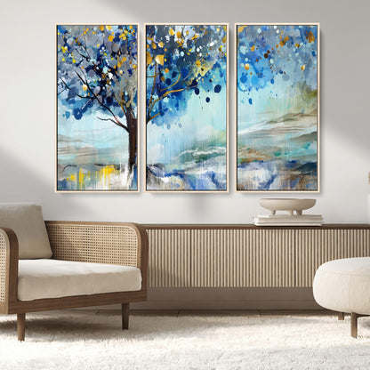 17018-MGV-FC-48X32-3P_Natural-Abstract Blue Tree Wall Art – Colorful Canvas Painting with Gold and Silver Accents, Modern Nature Artwork for Living Room,