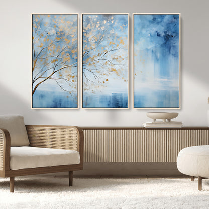 23891-MGV-CV-36X24-Abstract Tree Wall Art – Minimalist Blue and Gold Canvas Painting, Elegant Nature-Inspired Artwork for Living Room, Bedroom or
