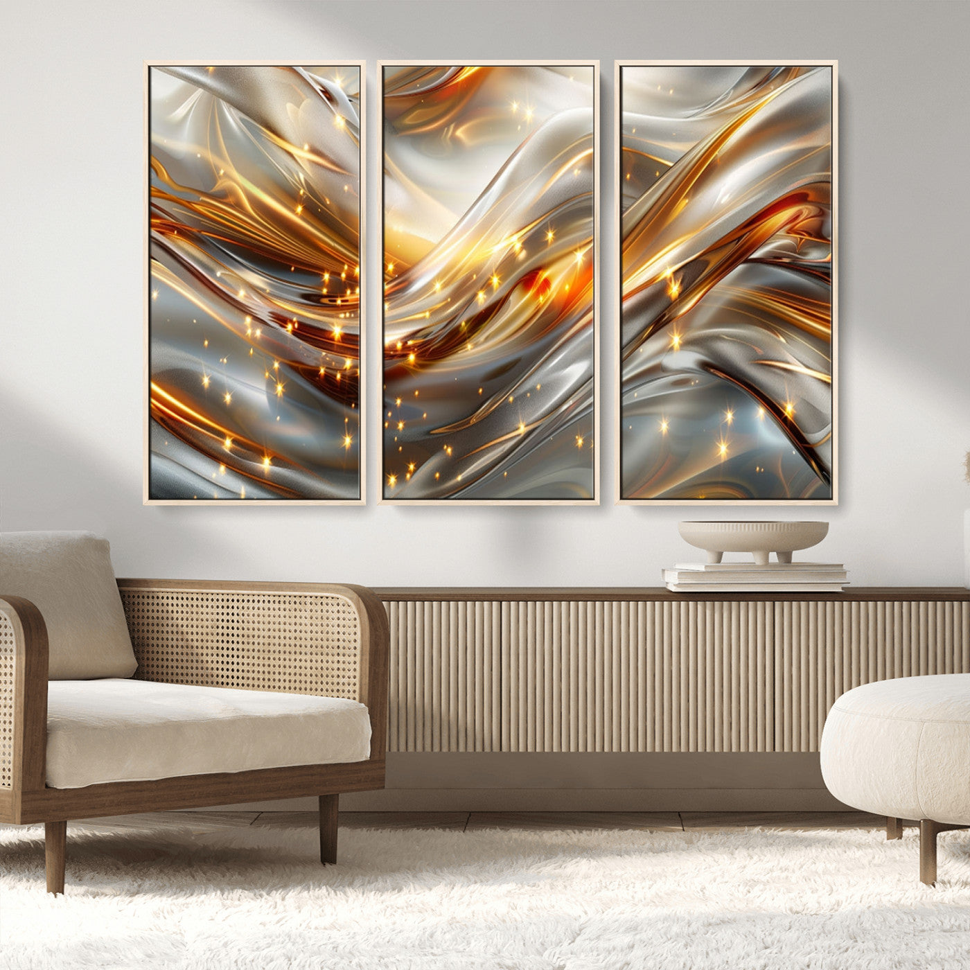 Lines1-MGV-FC-48X32-3P_Natural-Abstract Metallic Wall Art – Silver and Gold Wave Canvas Print with Sparkling Accents, Modern Luxury Decor for Living Room, Office