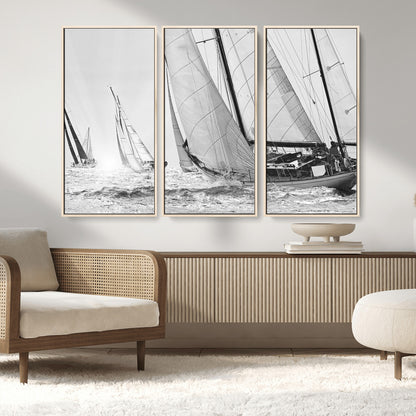 Boat-1-MGV-CV-36X24-Sailboat Racing Wall Art – Nautical Black and White Canvas Print, Ocean Adventure Decor for Office, Living Room or Bedroom