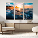 26494-MGV-FC-48X32-3P_Natural-Ocean Sunset Wall Art – Scenic Beach Canvas Print with Waves and Mountains, Coastal Seascape Photography for Living Room, Bedroom