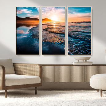 26494-MGV-FC-48X32-3P_Natural-Ocean Sunset Wall Art – Scenic Beach Canvas Print with Waves and Mountains, Coastal Seascape Photography for Living Room, Bedroom