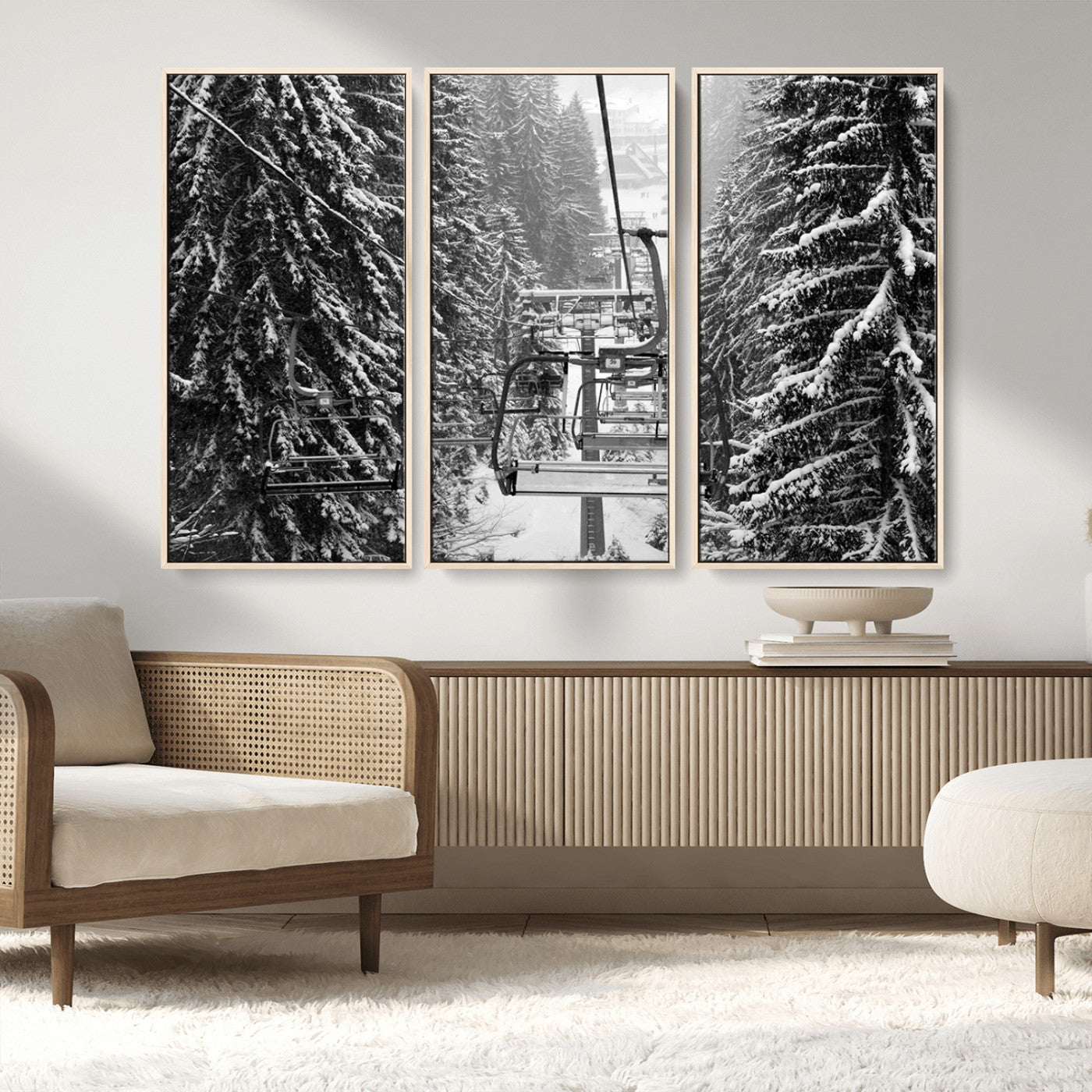 19240-MGV-FC-48X32-3P_Natural-Ski Lift Wall Art – Black and White Winter Mountain Canvas Print, Snowy Forest Ski Resort Photography for Cabin, Lodge, Office or