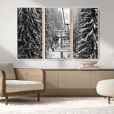 19240-MGV-FC-48X32-3P_Natural-Ski Lift Wall Art – Black and White Winter Mountain Canvas Print, Snowy Forest Ski Resort Photography for Cabin, Lodge, Office or