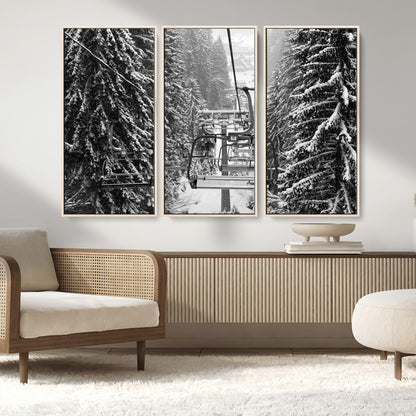 19240-MGV-FC-48X32-3P_Natural-Ski Lift Wall Art – Black and White Winter Mountain Canvas Print, Snowy Forest Ski Resort Photography for Cabin, Lodge, Office or