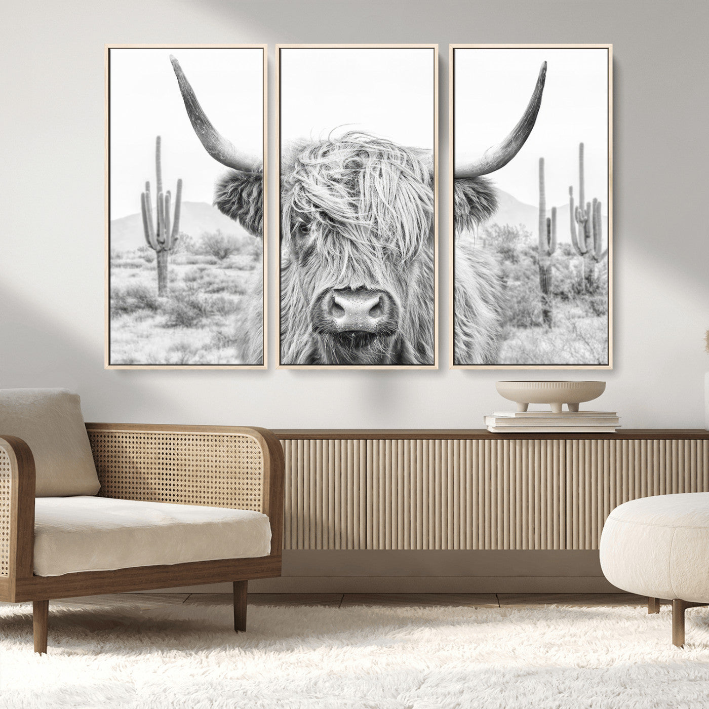 94579-MGV-CV-36X24-Highland Cow Wall Art – Black and White Longhorn Canvas Print, Rustic Western Farmhouse Animal Photography for Living Room,