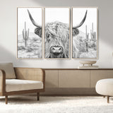 94579-MGV-CV-36X24-Highland Cow Wall Art – Black and White Longhorn Canvas Print, Rustic Western Farmhouse Animal Photography for Living Room,