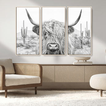 94579-MGV-CV-36X24-Highland Cow Wall Art – Black and White Longhorn Canvas Print, Rustic Western Farmhouse Animal Photography for Living Room,