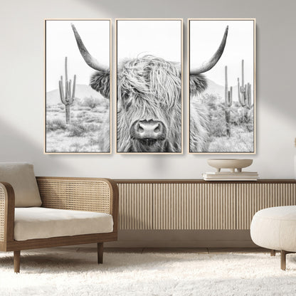 94579-MGV-CV-36X24-Highland Cow Wall Art – Black and White Longhorn Canvas Print, Rustic Western Farmhouse Animal Photography for Living Room,