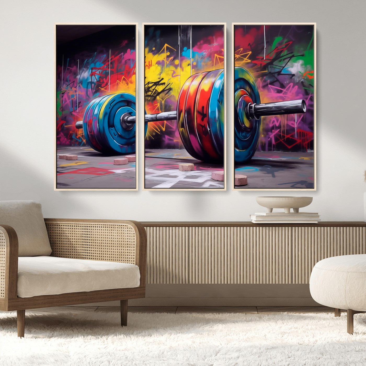 13549-MGV-FC-48X32-3P_Natural-Graffiti Gym Wall Art Canvas Print, Framed Graffiti Barbell Art Picture Print, Weightlifting Perfect Fitness Studio Decor Artwork