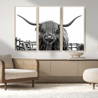 58188-MGV-FC-48X32-3P_Natural-Highland Cow Wall Art – Black and White Rustic Farmhouse Canvas Print, Longhorn Cattle Photography Decor for Living Room or