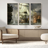 26512-MGV-FC-48X32-3P_Natural-Naval Battle Wall Art – Dramatic Tall Ship Canvas Print, Historic Pirate Sailing War Scene, Nautical Decor for Office, Study or