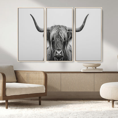 35820-MGV-FC-48X32-3P_Natural-Minimalist Highland Cow Wall Art – Black and White Longhorn Cattle Canvas Print, Modern Farmhouse Animal Photography Decor for