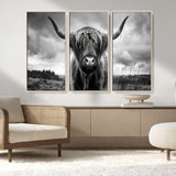 17924-MGV-FC-48X32-3P_Natural-Highland Cow Wall Art – Black and White Rustic Longhorn Cattle Canvas Print, Farmhouse Animal Photography Decor for Country Home