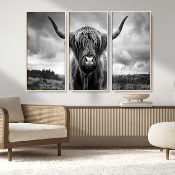 17924-MGV-FC-48X32-3P_Natural-Highland Cow Wall Art – Black and White Rustic Longhorn Cattle Canvas Print, Farmhouse Animal Photography Decor for Country Home