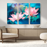 32559-MGV-FC-48X32-3P_Natural-Lotus Flower Wall Art – Pink Water Lily Canvas Print, Tranquil Nature Decor for Living Room, Bedroom or Meditation Space