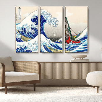 19450-MGV-CV-36X24-Great Wave Adventure Wall Art – Japanese Style Ocean Canvas Print, Fantasy Sailing Decor for Living Room, Bedroom or Office
