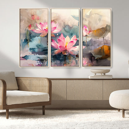 27936-MGV-CV-36X24-Lotus Pond Wall Art – Watercolor Pink Lotus Flowers Canvas Print, Tranquil Botanical Artwork for Bedroom, Living Room or