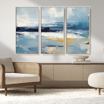 19746-MGV-FC-48X32-3P_Natural-Abstract Ocean Wall Art – Modern Coastal Canvas Print with Blue, White and Gold Textures, Contemporary Seascape Painting for