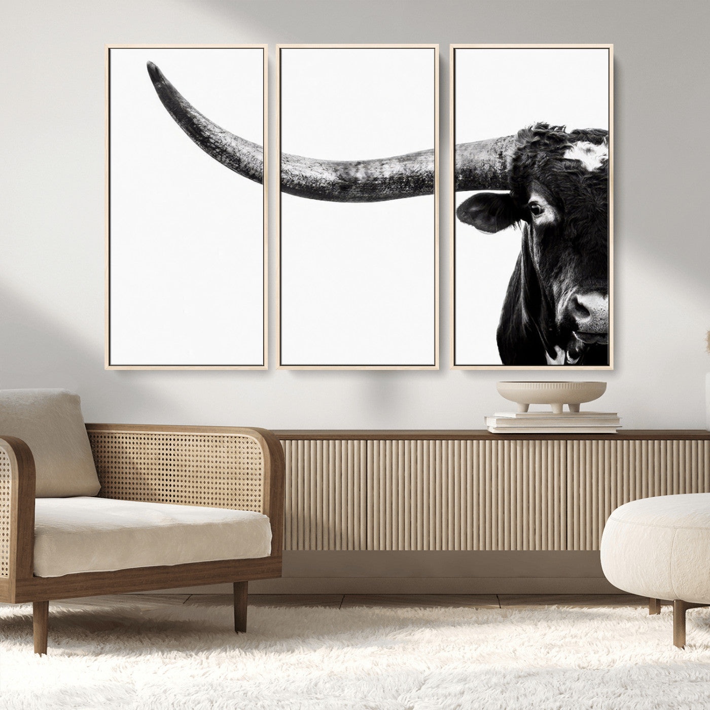 31699-MGV-FC-48X32-3P_Natural-Longhorn Wall Art – Black and White Texas Longhorn Cow Canvas Print, Rustic Western Farmhouse Artwork for Living Room, Bedroom or