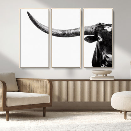 31699-MGV-FC-48X32-3P_Natural-Longhorn Wall Art – Black and White Texas Longhorn Cow Canvas Print, Rustic Western Farmhouse Artwork for Living Room, Bedroom or