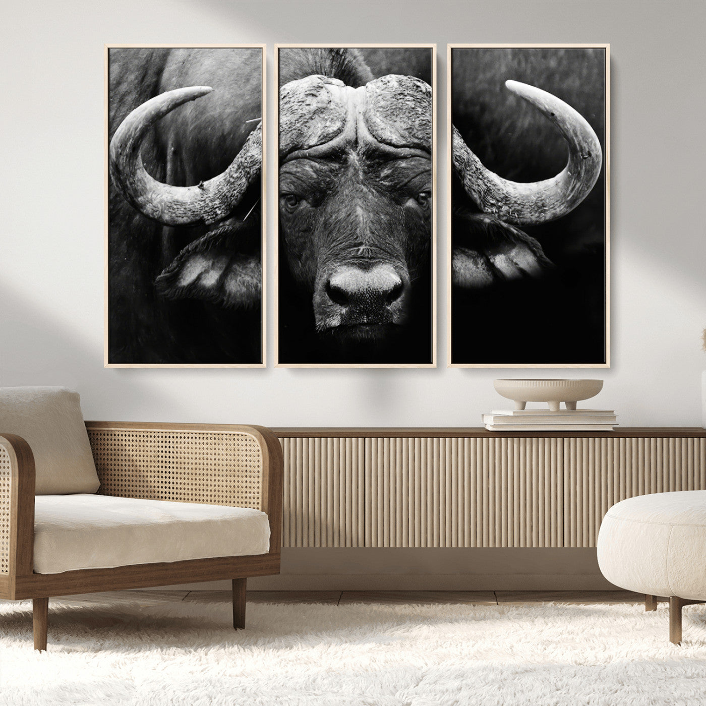 75273-MGV-FC-48X32-3P_Natural-Buffalo Wall Art – Black and White African Buffalo Canvas Print, Rustic Wildlife Animal Artwork for Farmhouse, Living Room,