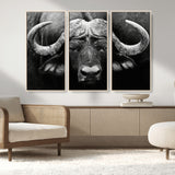 75273-MGV-FC-48X32-3P_Natural-Buffalo Wall Art – Black and White African Buffalo Canvas Print, Rustic Wildlife Animal Artwork for Farmhouse, Living Room,