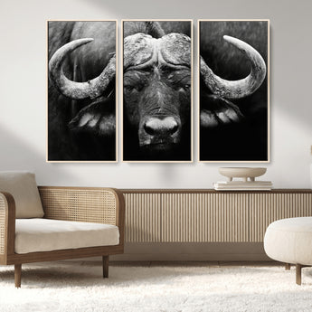 75273-MGV-FC-48X32-3P_Natural-Buffalo Wall Art – Black and White African Buffalo Canvas Print, Rustic Wildlife Animal Artwork for Farmhouse, Living Room,