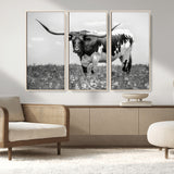 94709-MGV-FC-48X32-3P_Natural-Texas Longhorn Wall Art – Black and White Bull Photography Canvas Print, Western Farmhouse Wall Decor for Living Room, Office or