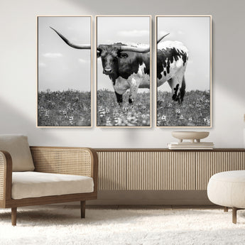 94709-MGV-FC-48X32-3P_Natural-Texas Longhorn Wall Art – Black and White Bull Photography Canvas Print, Western Farmhouse Wall Decor for Living Room, Office or