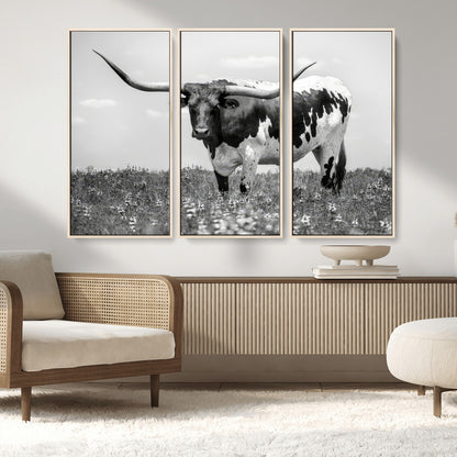94709-MGV-FC-48X32-3P_Natural-Texas Longhorn Wall Art – Black and White Bull Photography Canvas Print, Western Farmhouse Wall Decor for Living Room, Office or