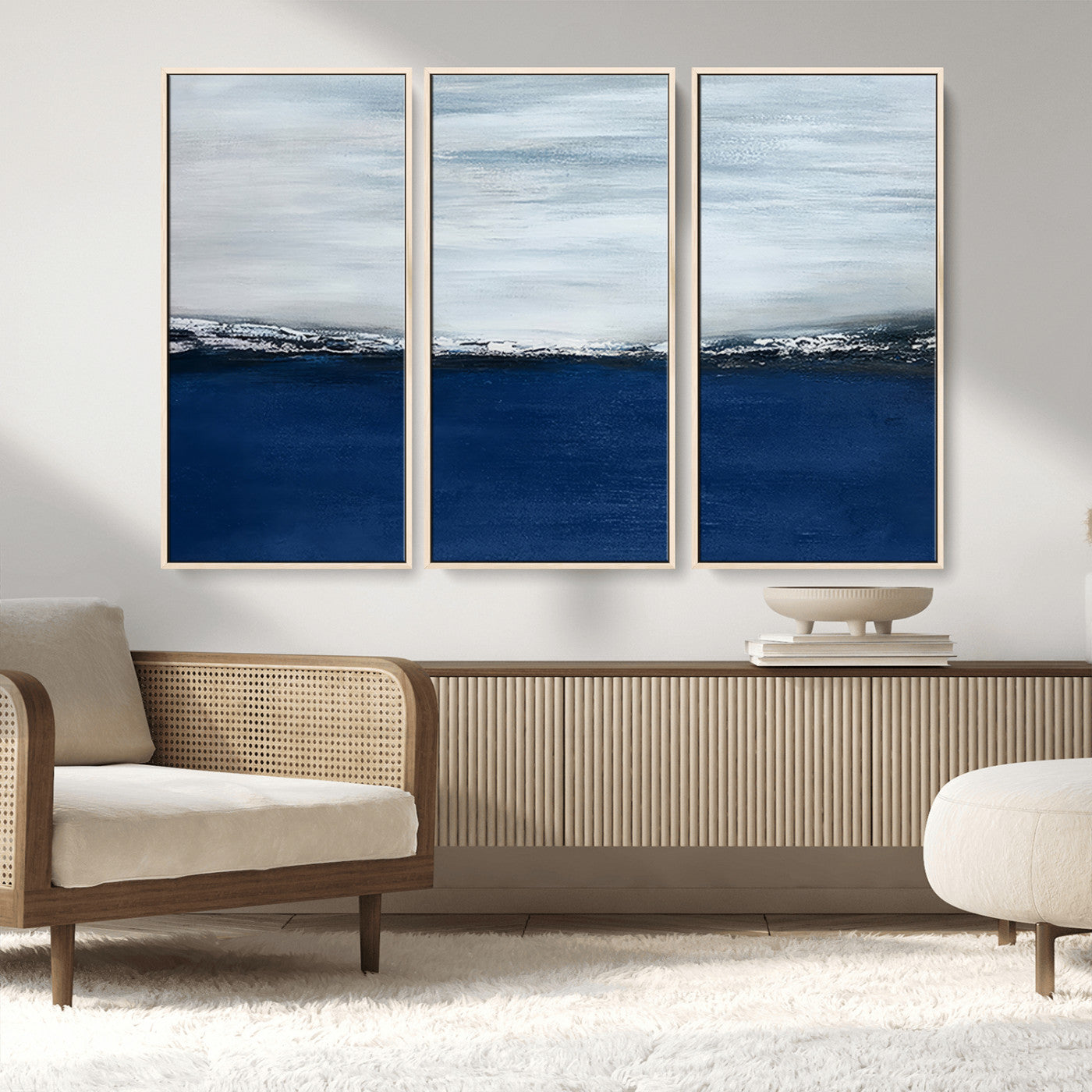 62197-MGV-CV-36X24-Abstract Ocean Wall Art – Minimalist Blue and White Canvas Print, Modern Coastal Seascape Painting for Bedroom, Living Room or