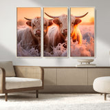 68253-MGV-CV-36X24-Highland Cow Wall Art – Rustic Farmhouse Cattle Canvas Print, Frosty Sunset Animal Artwork for Living Room, Bedroom or Country
