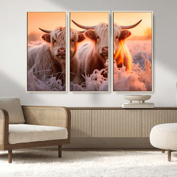 68253-MGV-CV-36X24-Highland Cow Wall Art – Rustic Farmhouse Cattle Canvas Print, Frosty Sunset Animal Artwork for Living Room, Bedroom or Country