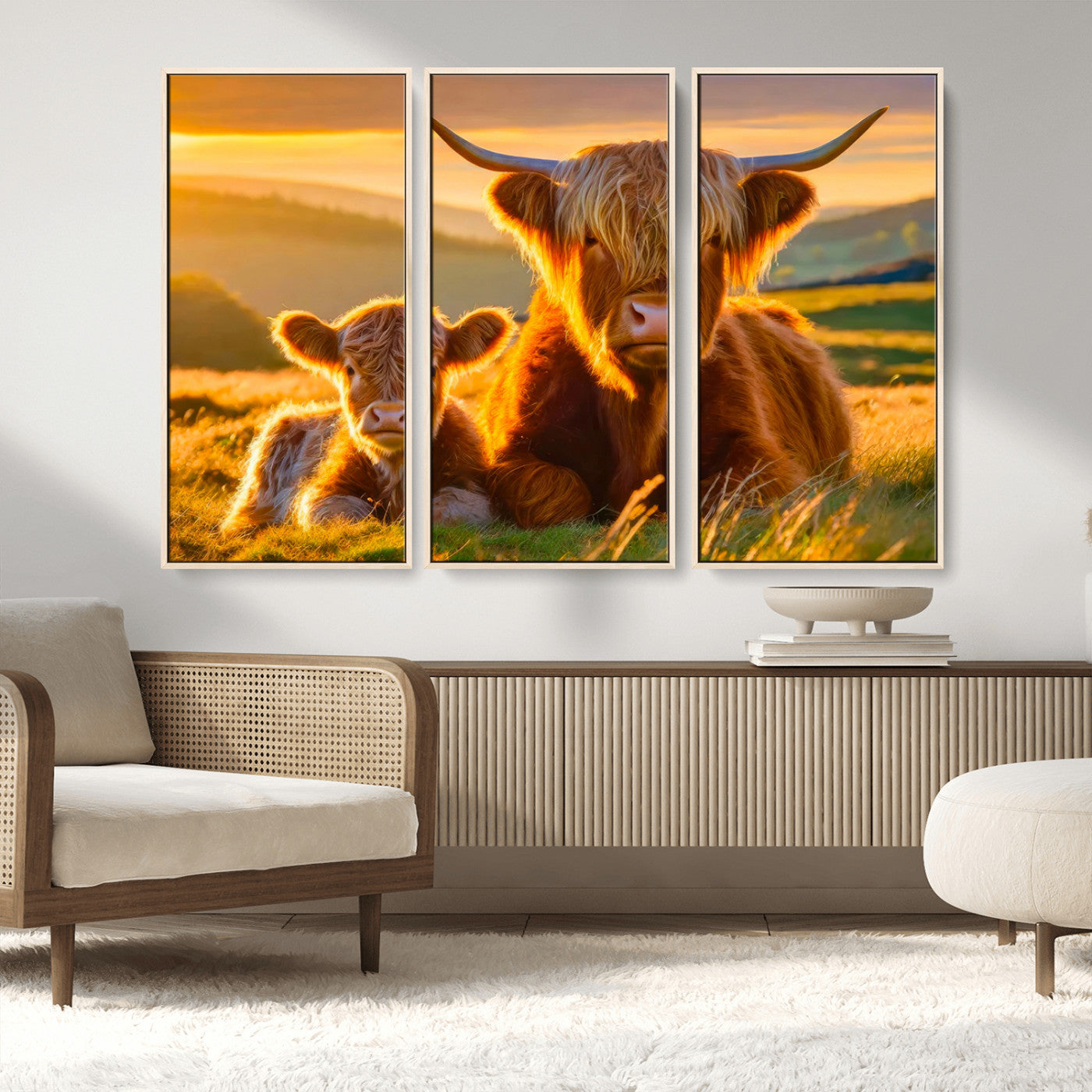 20567-MGV-FC-48X32-3P_Natural-Highland Cow and Calf Wall Art – Rustic Farmhouse Sunset Cattle Canvas Print, Country Animal Artwork for Living Room, Bedroom, or