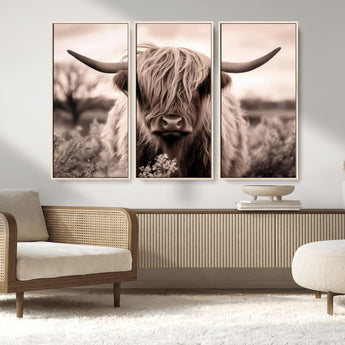 55903-MGV-FC-48X32-3P_Natural-Highland Cow Wall Art – Rustic Sepia Scottish Highland Bull Canvas Print, Farmhouse Country Animal Decor for Living Room, Bedroom