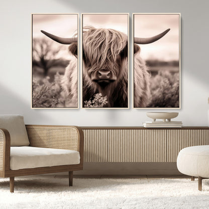 55903-MGV-FC-48X32-3P_Natural-Highland Cow Wall Art – Rustic Sepia Scottish Highland Bull Canvas Print, Farmhouse Country Animal Decor for Living Room, Bedroom